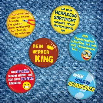 Ansteckbutton 6er Set für den Heimwerker-King Button Anstecker auf Jeans